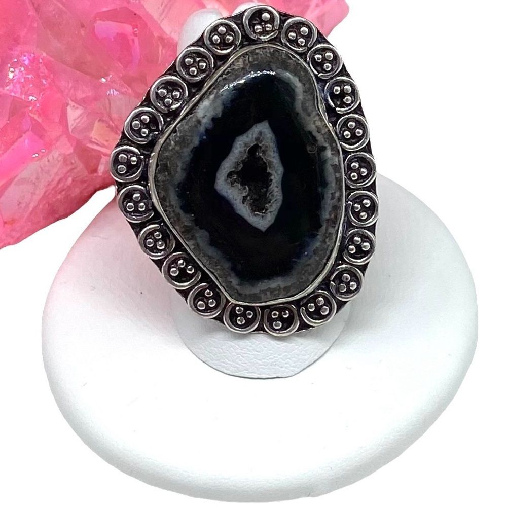 Black Druzy Botswana Agate Geode Ring 925 Sterling Silver Overlay Size 7.5